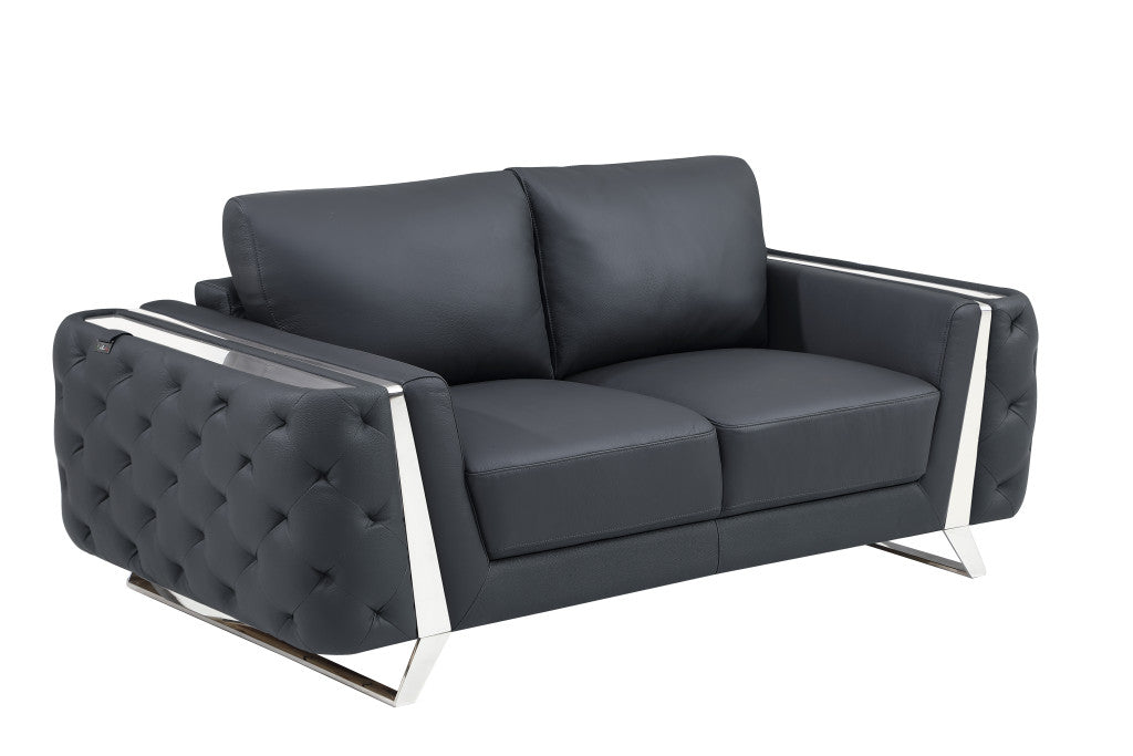 72" Dark Gray And Silver Genuine Leather Loveseat