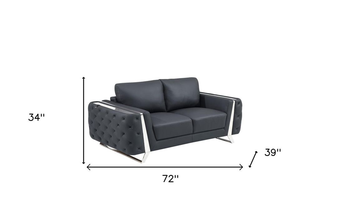 72" Dark Gray And Silver Genuine Leather Loveseat