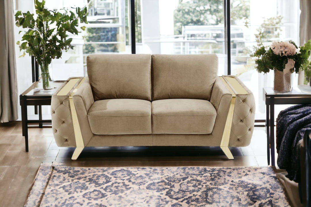 72" Beige And Gold Velvet Loveseat