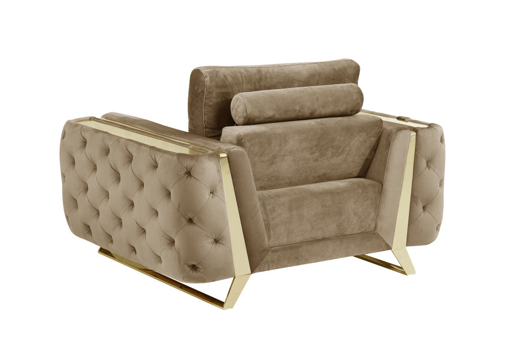 50" Beige And Gold Velvet Tufted Club Chair