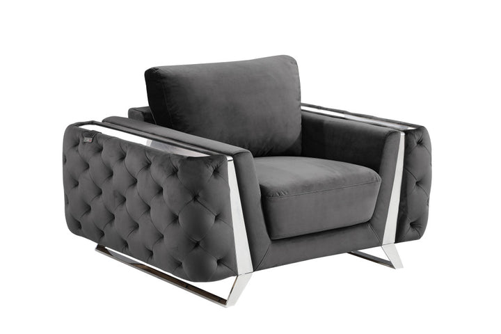 50" Dark Gray and Silver Velvet Tufted Arm Chair