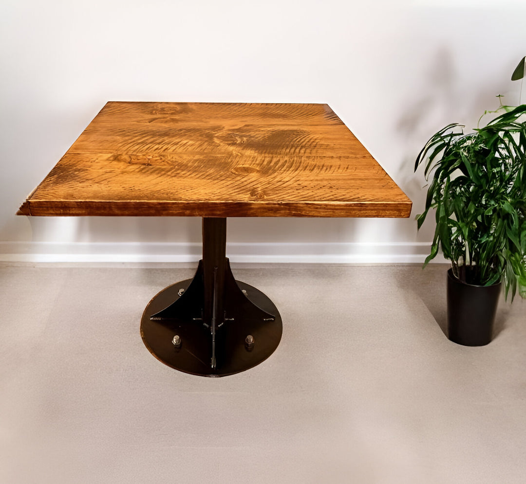 36" Brown And Black Square Solid Wood And Steel Pedestal Base Dining Table