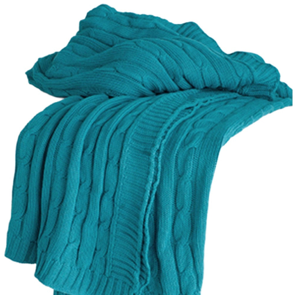 Teal Blue Knitted 100% Cotton Throw Blanket