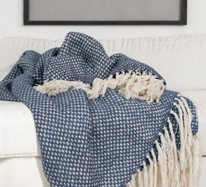 50" X 60" Navy and Ivory Woven Cotton Polka Dots Throw Blanket with Tassels