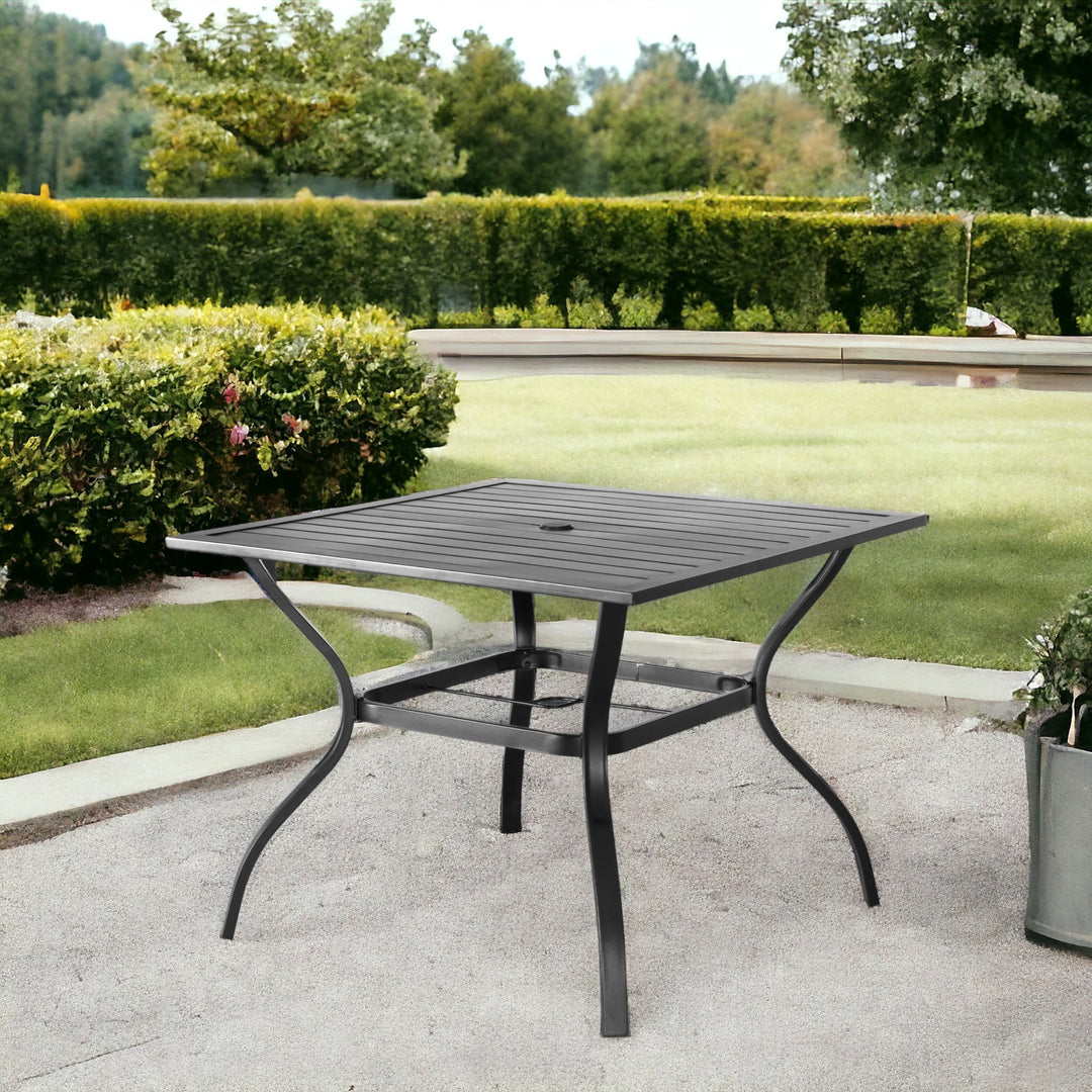 37" Black Square Metal Outdoor Dining Table with Umbrella Hole