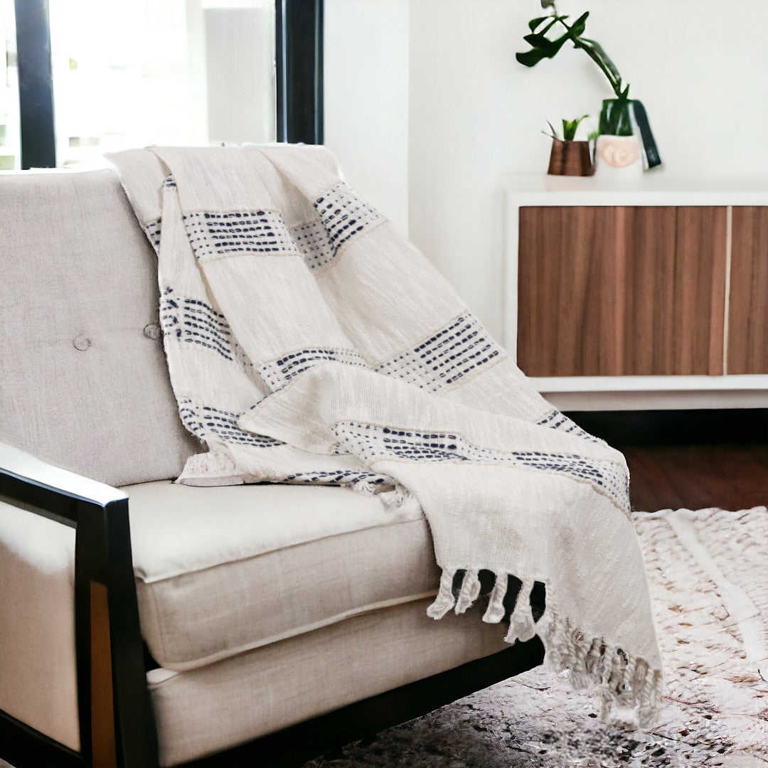 Ivory and Blue Woven Cotton Throw Blanket with Fringe