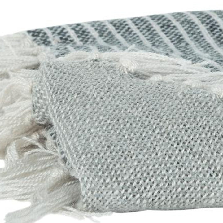 Gray and White Woven Recycled PET Polyester Throw Blanket with Tassels