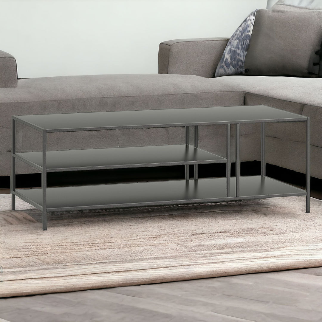 48" Gray Steel Coffee Table With Two Shelves