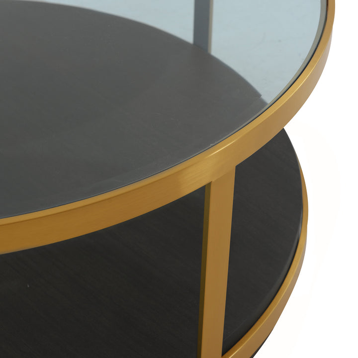 43" Clear Black And Gold Glass Wood And Metal Round Coffee Table With Shelf