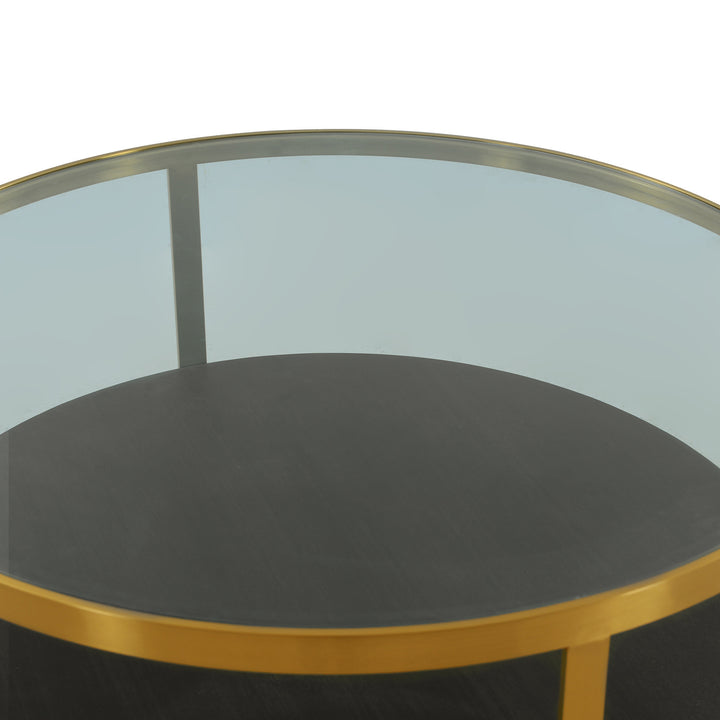 43" Clear Black And Gold Glass Wood And Metal Round Coffee Table With Shelf