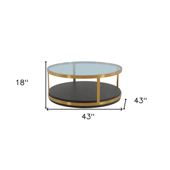 43" Clear Black And Gold Glass Wood And Metal Round Coffee Table With Shelf