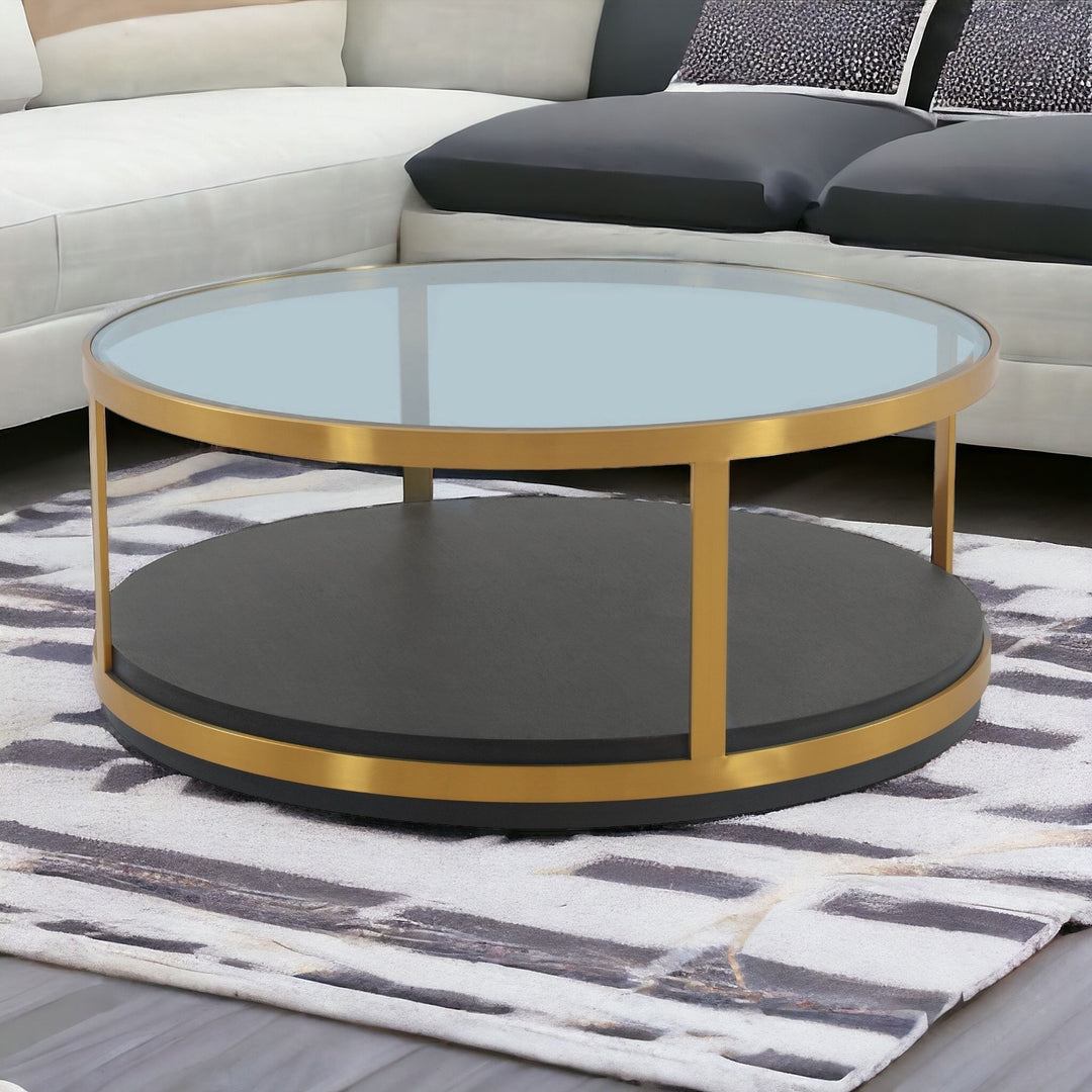 43" Clear Black And Gold Glass Wood And Metal Round Coffee Table With Shelf