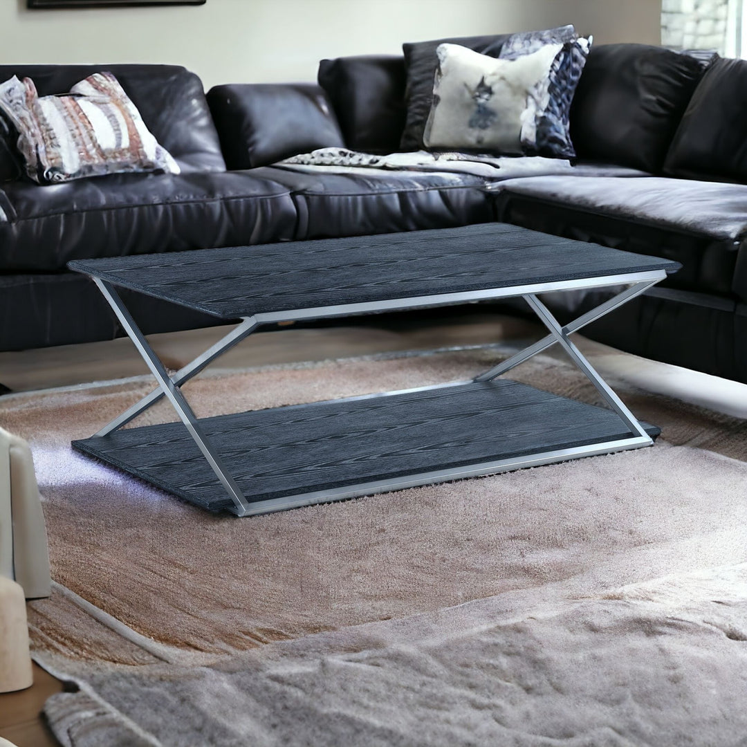 51" Black And Silver Stainless Steel Coffee Table With Shelf