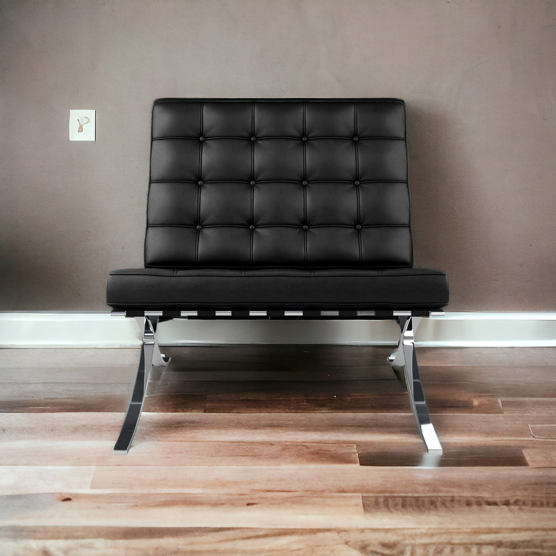 32" Black And Silver Italian Leather Tufted Lounge Chair