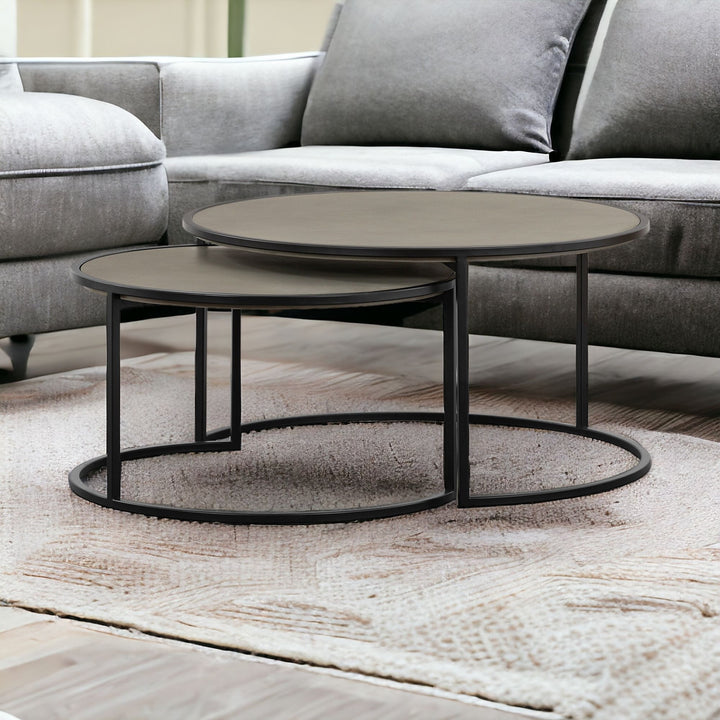 Set of Two 32" Gray And Black Concrete And Metal Round Nested Coffee Tables