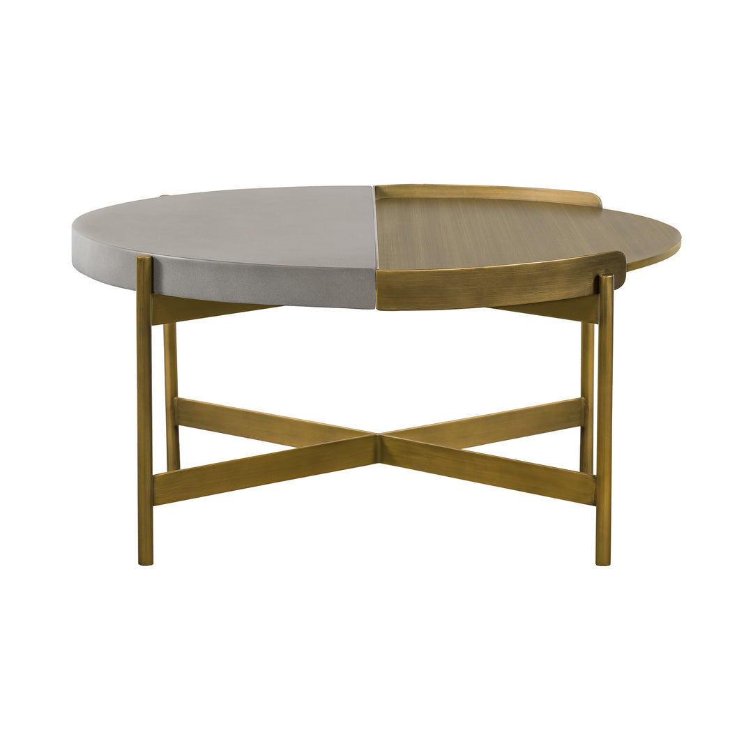 32" Gray And Brass Concrete And Metal Round Coffee Table