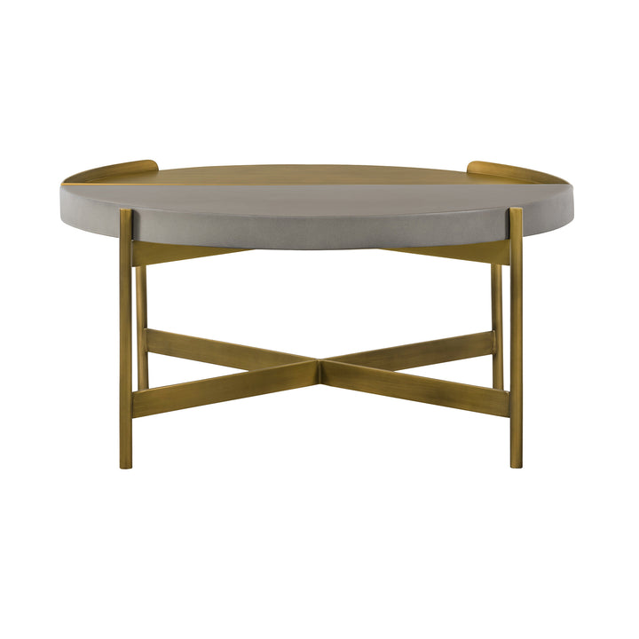 32" Gray And Brass Concrete And Metal Round Coffee Table