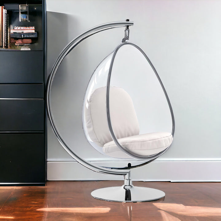 28" White And Silver Acrylic and Faux Leather Balloon Chair