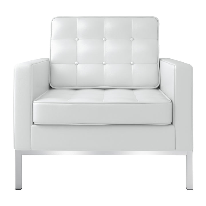 31" White And Silver Italian Leather Tufted Arm Chair