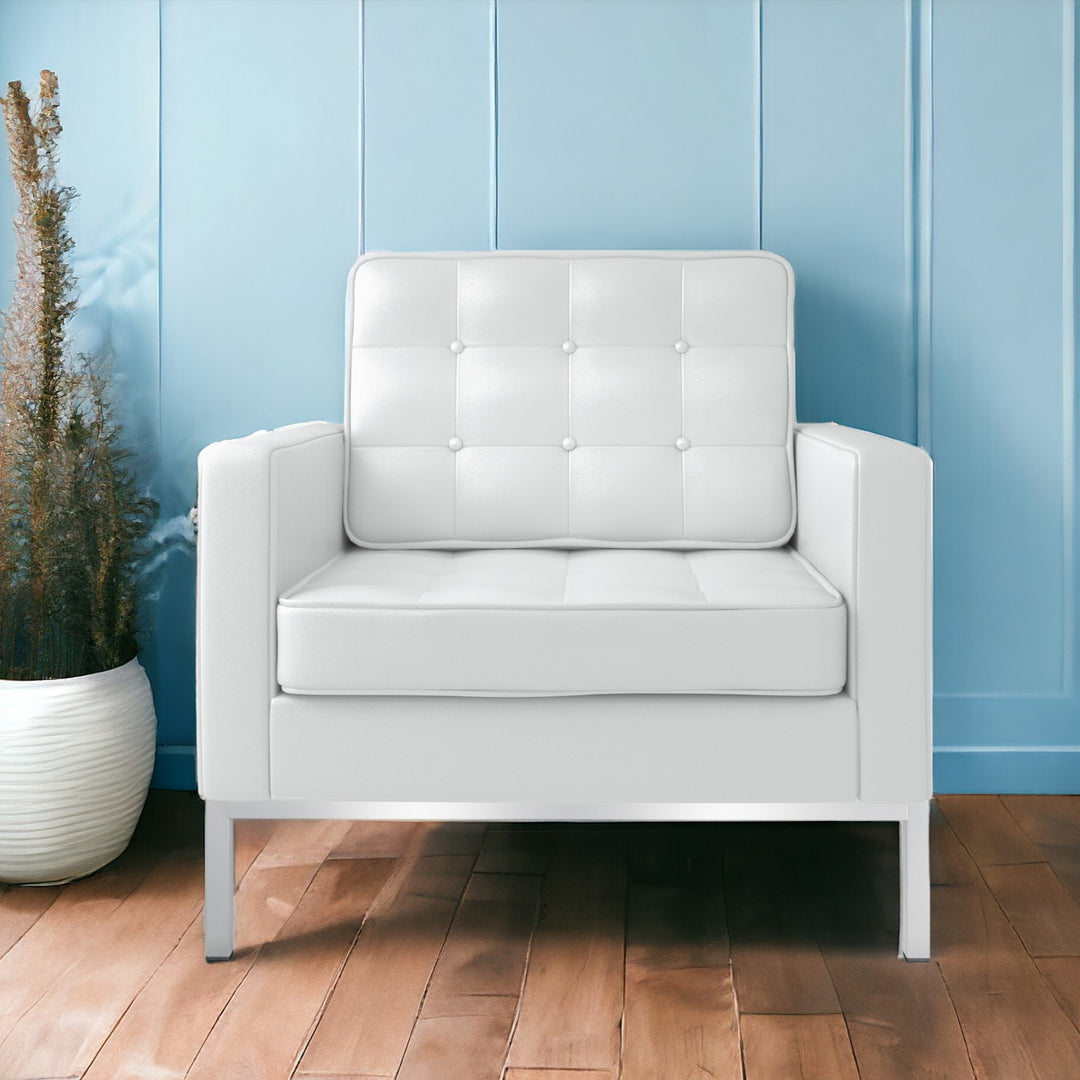 31" White And Silver Italian Leather Tufted Arm Chair