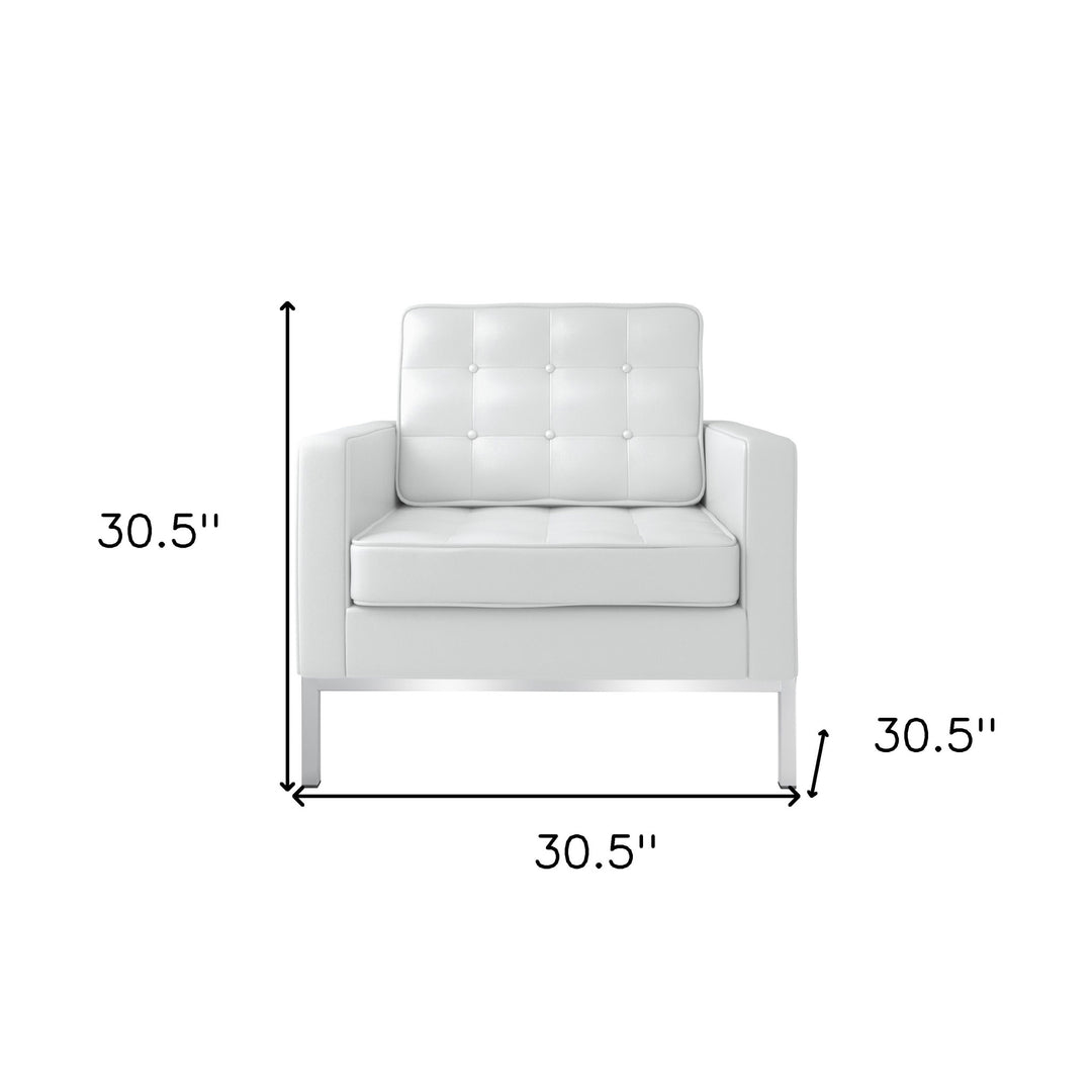 31" White And Silver Italian Leather Tufted Arm Chair