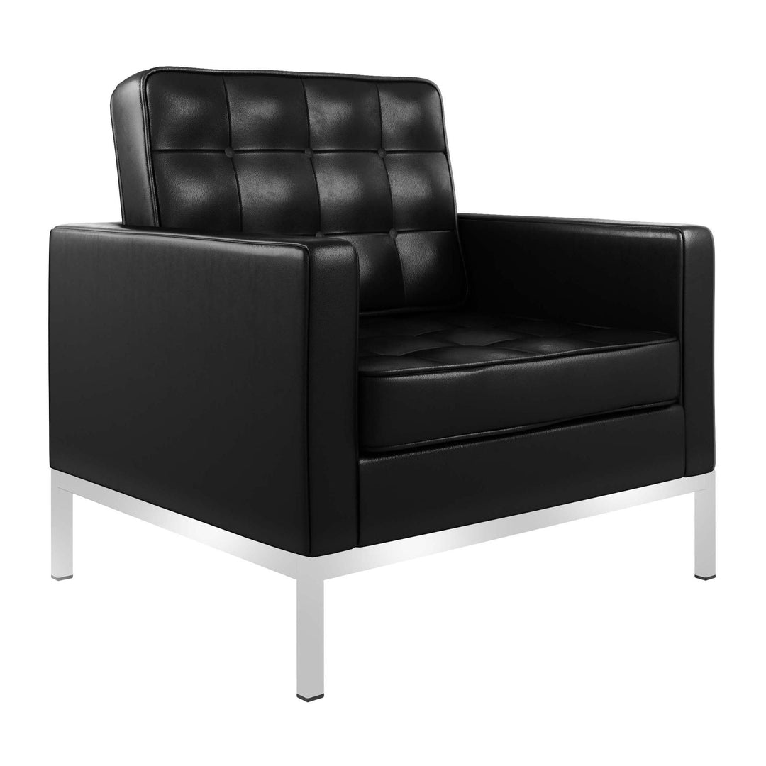 31" Black And Silver Italian Leather Tufted Arm Chair