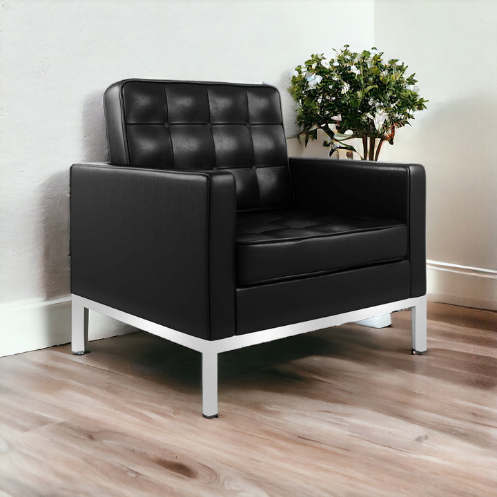 31" Black And Silver Italian Leather Tufted Arm Chair