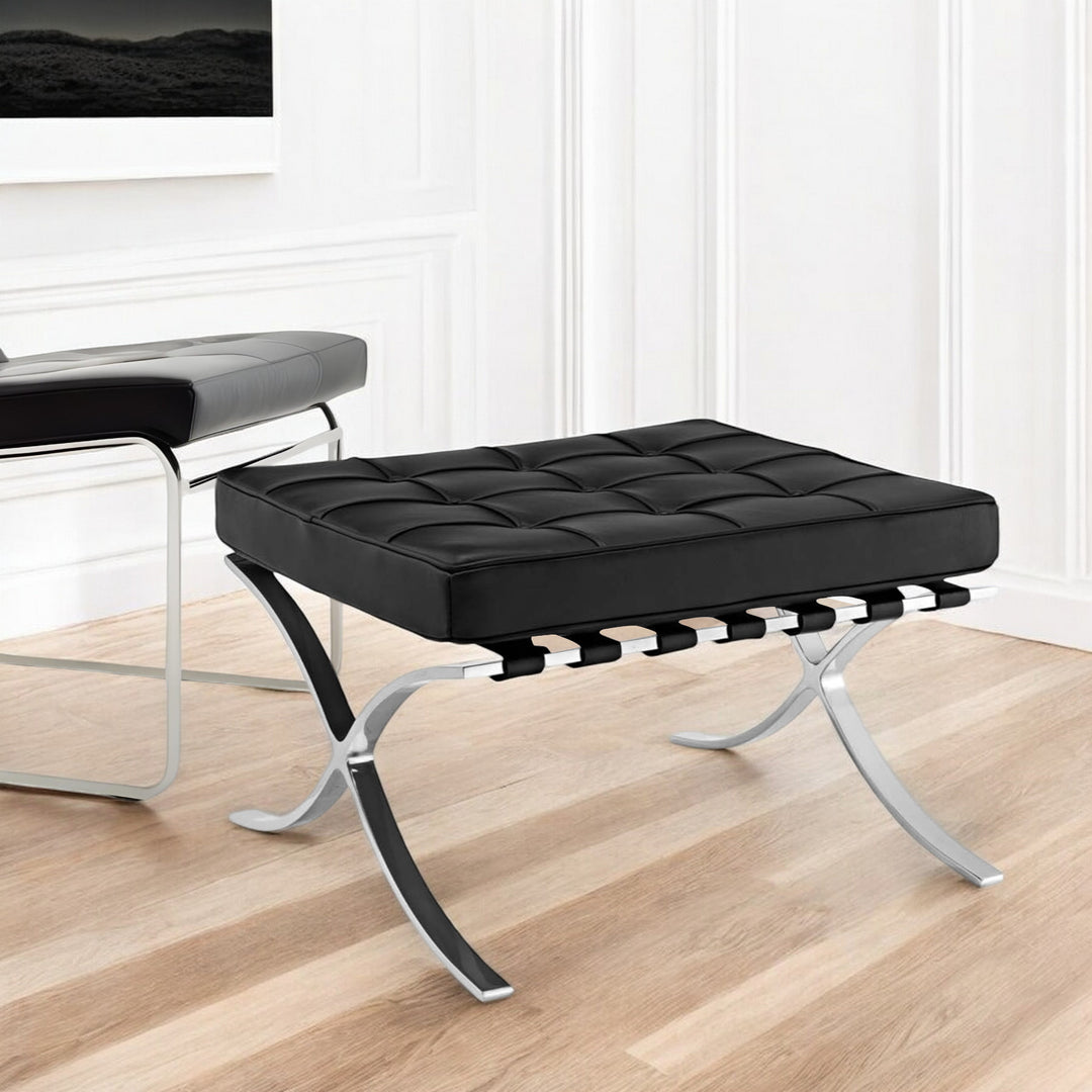 24" Black Genuine Leather and Silver Tufted Footstool Ottoman