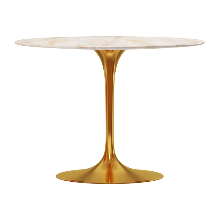 40" White And Gold Rounded Stone And Metal Pedestal Base Dining Table