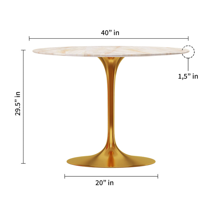 40" White And Gold Rounded Stone And Metal Pedestal Base Dining Table