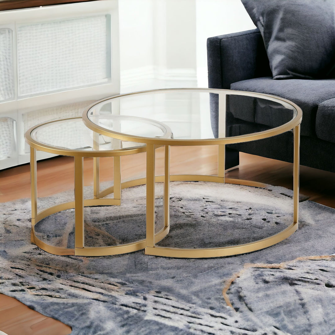 Set of Two 36" Gold Glass And Steel Round Nested Coffee Tables