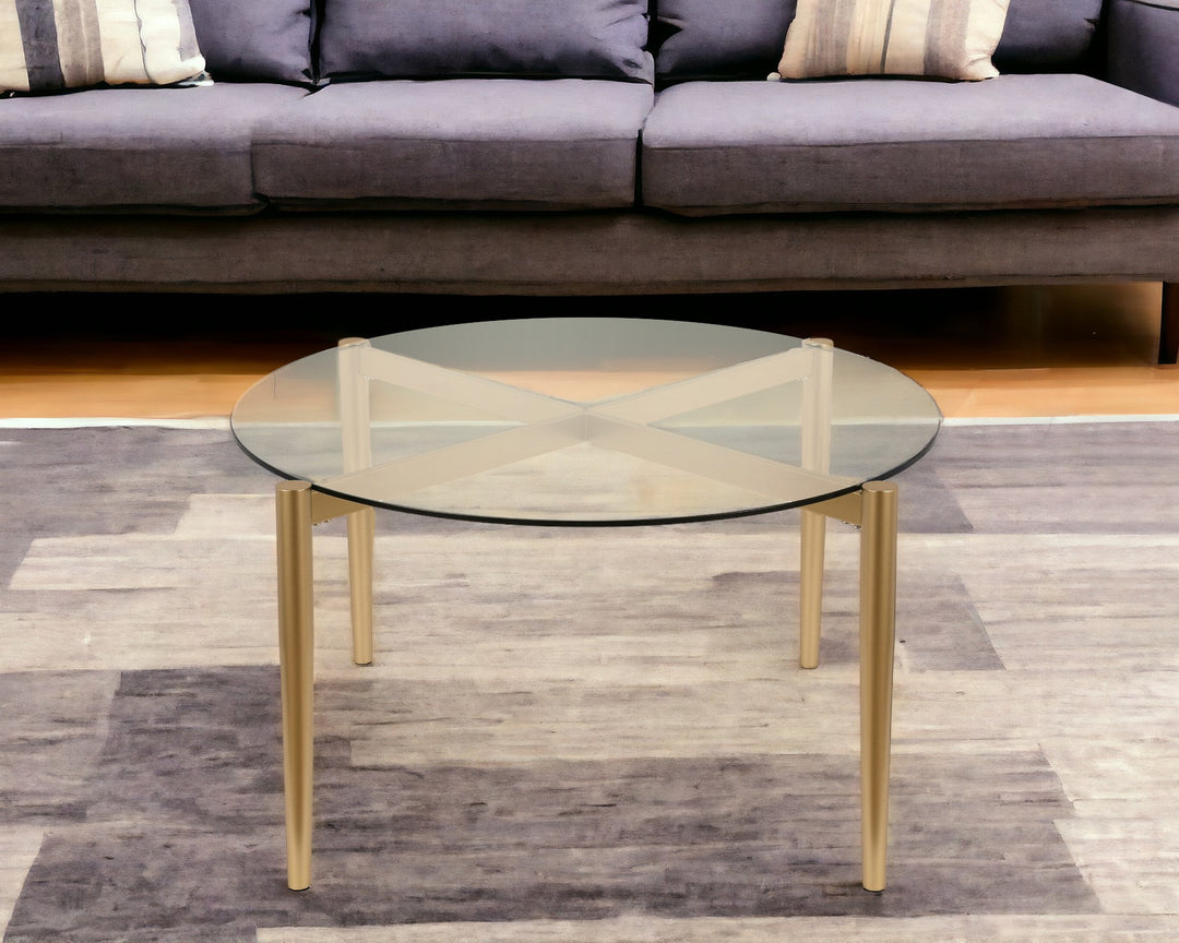 36" Clear And Gold Glass And Steel Round Coffee Table