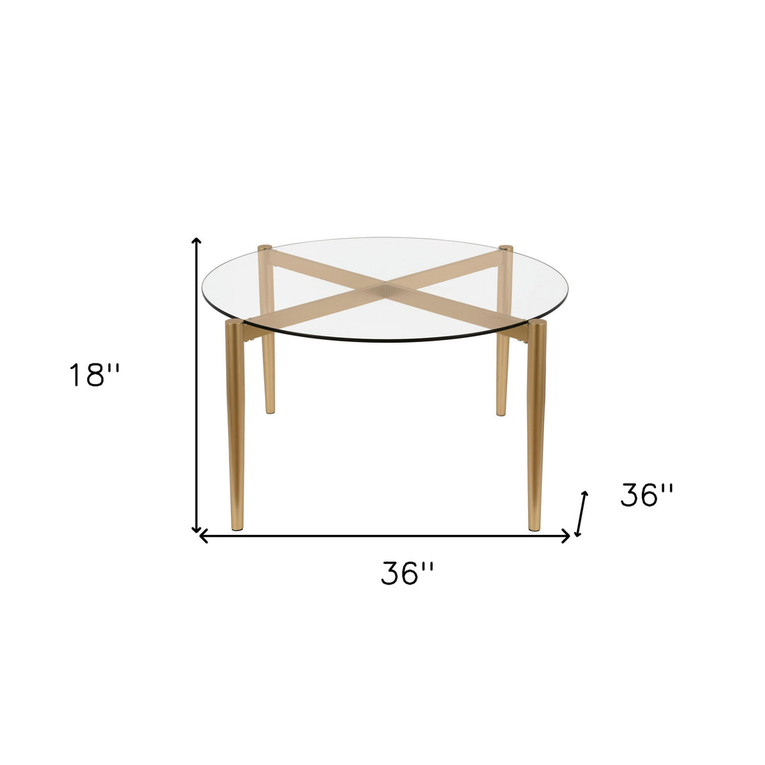 36" Clear And Gold Glass And Steel Round Coffee Table