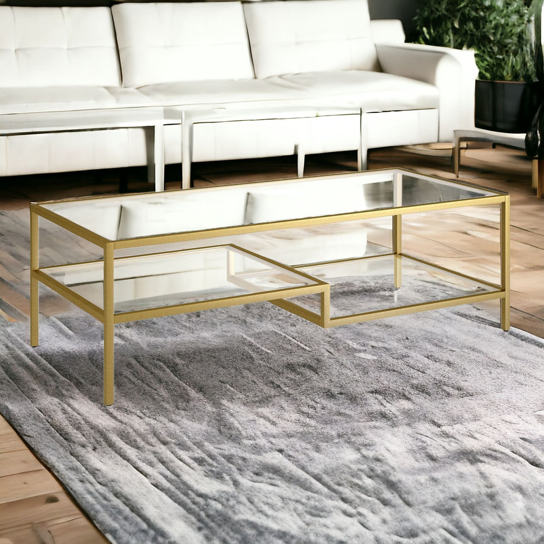 54" Gold Glass And Steel Coffee Table With Two Shelves