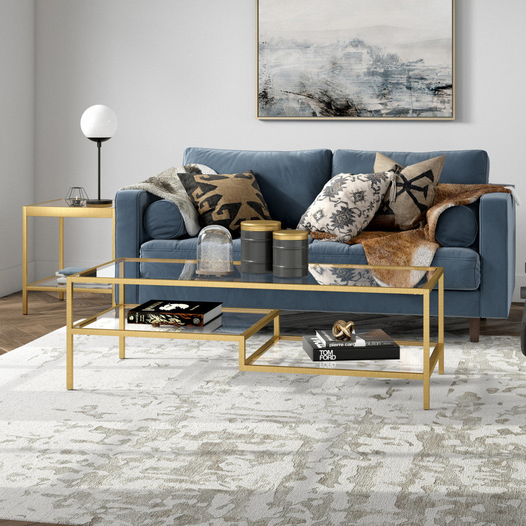 54" Gold Glass And Steel Coffee Table With Two Shelves