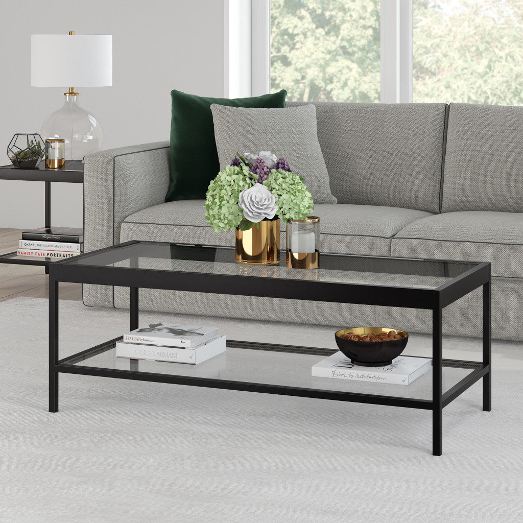 45" Clear And Black Glass And Steel Coffee Table With Shelf