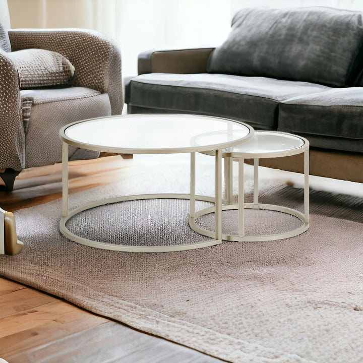 Set of Two 35" Silver Glass And Steel Round Nested Coffee Tables