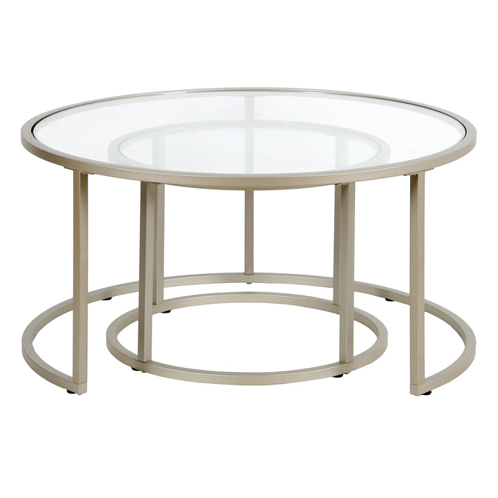 Set of Two 35" Silver Glass And Steel Round Nested Coffee Tables