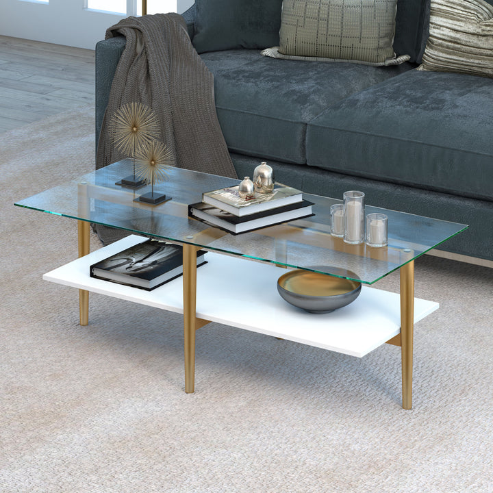 47" Gold Glass And Steel Coffee Table With Shelf