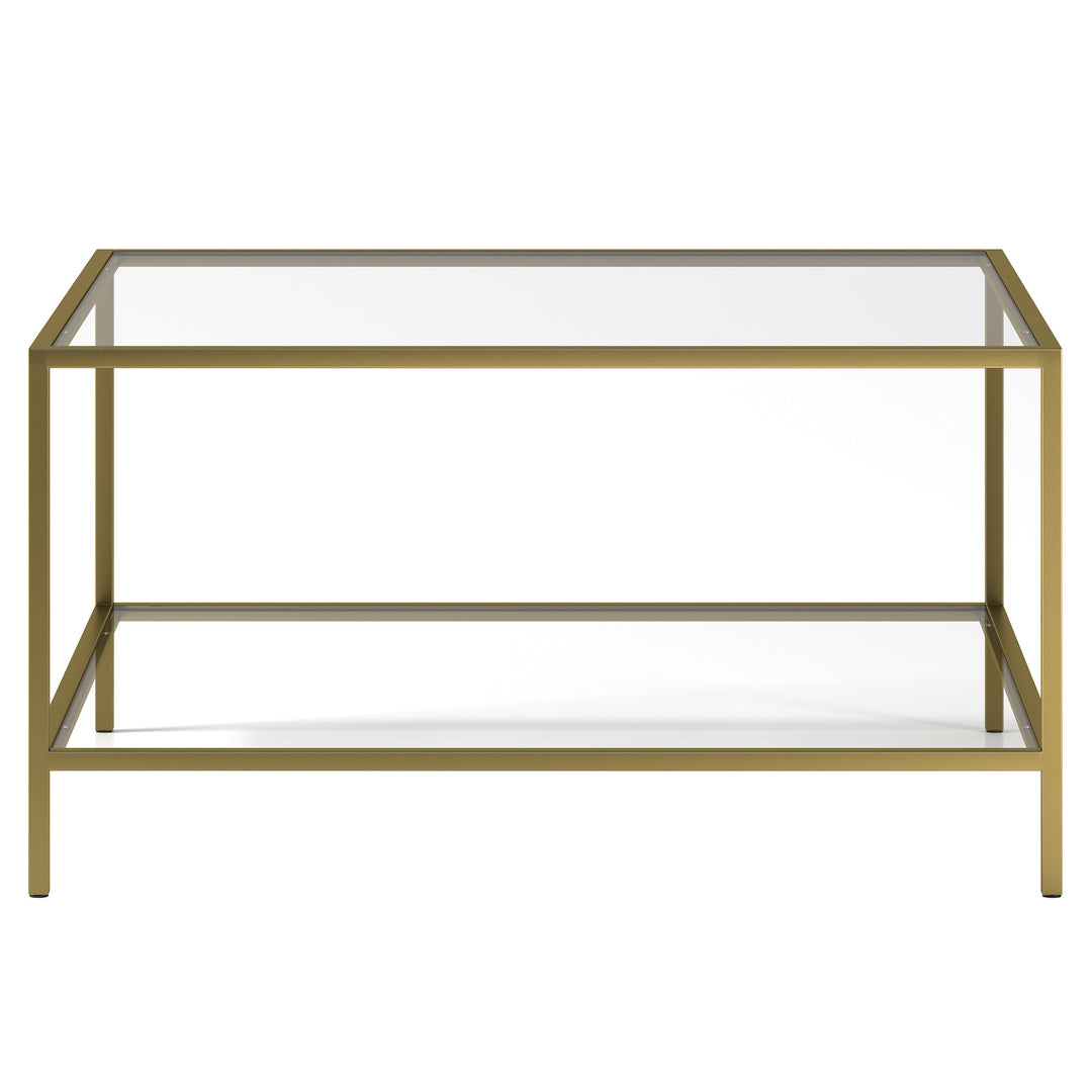 32" Gold Glass And Steel Square Coffee Table With Shelf