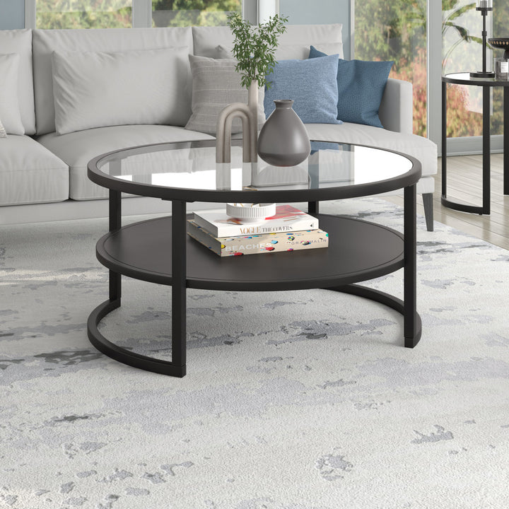 34" Black Glass And Steel Round Coffee Table With Shelf