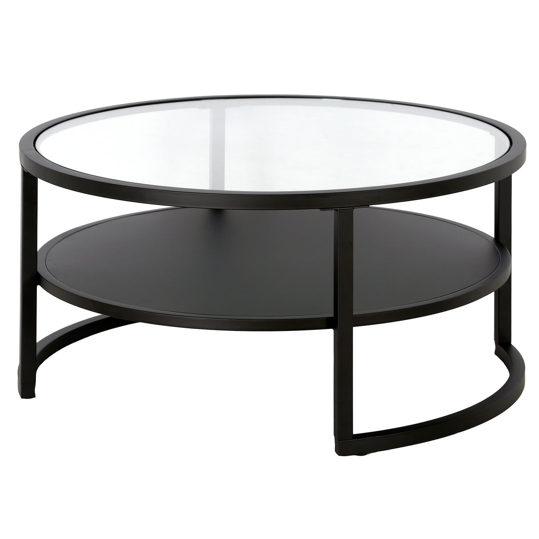 34" Black Glass And Steel Round Coffee Table With Shelf