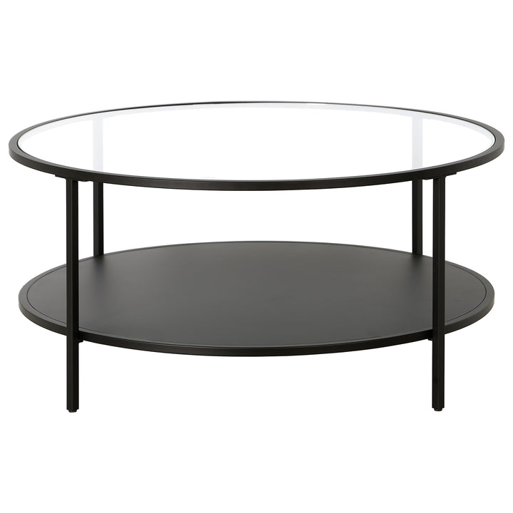 36" Black Glass And Steel Round Coffee Table With Shelf