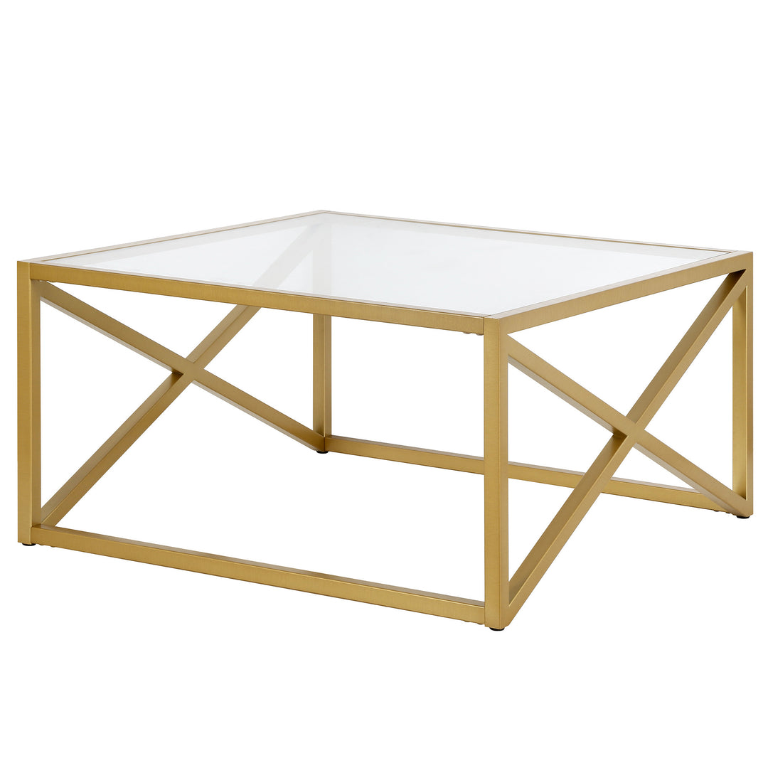 32" Gold Glass And Steel Square Coffee Table