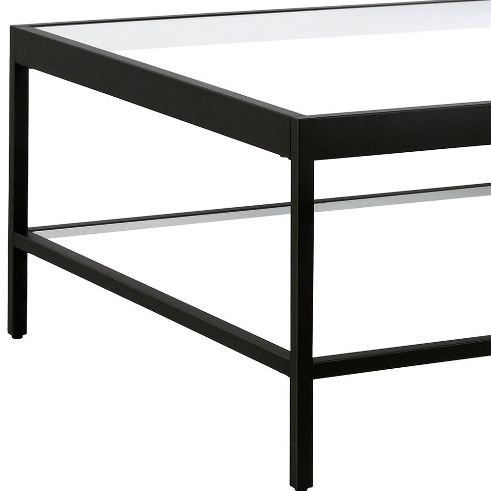 32" Clear And Black Glass And Steel Square Coffee Table With Shelf