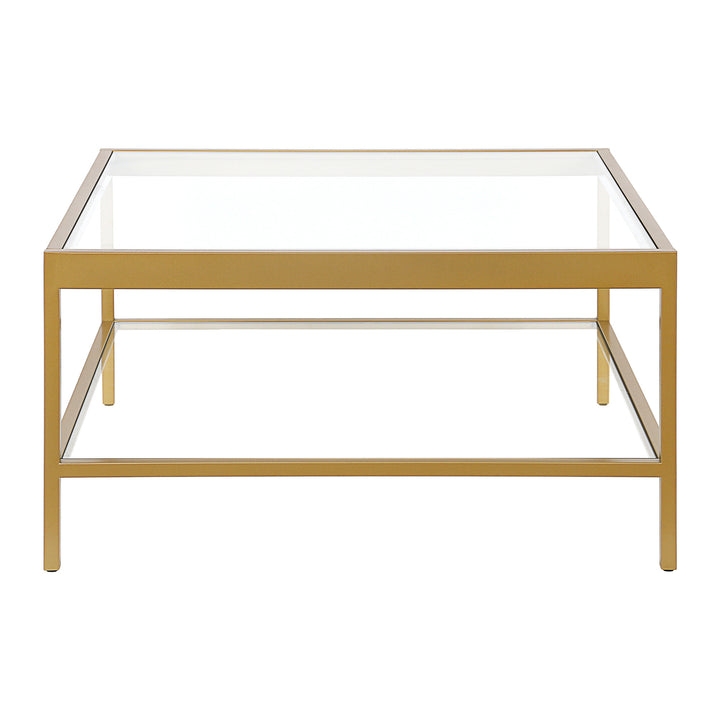 32" Clear And Gold Glass And Steel Square Coffee Table With Shelf