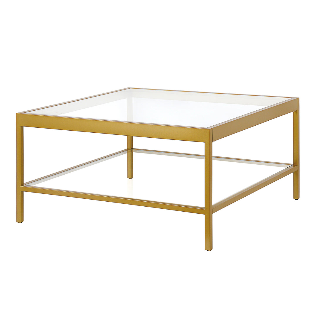 32" Clear And Gold Glass And Steel Square Coffee Table With Shelf