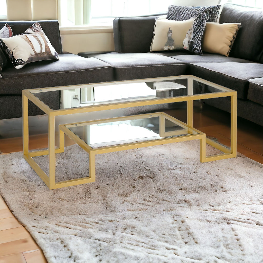 45" Gold Glass And Steel Coffee Table With Shelf