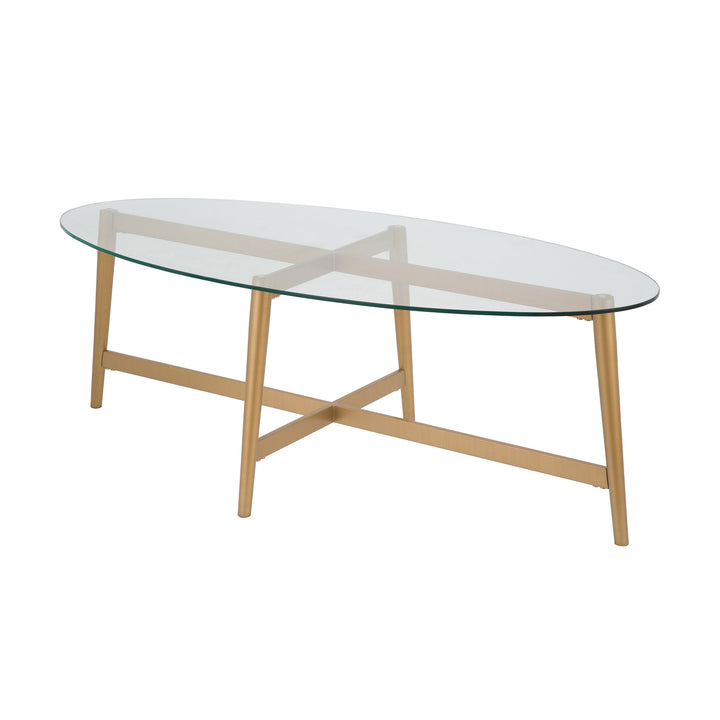 50" Clear Glass And Gold Steel Oval Coffee Table