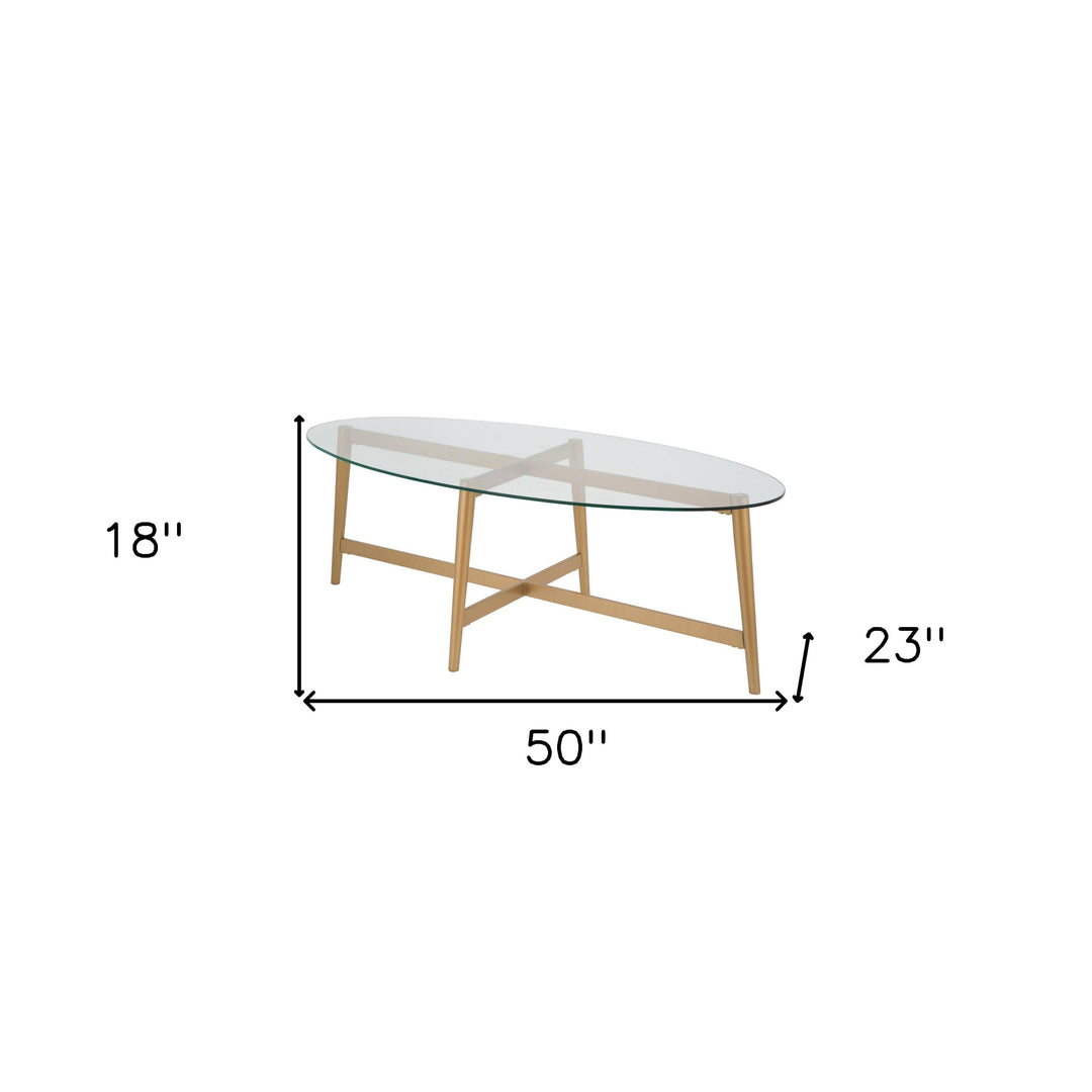 50" Clear Glass And Gold Steel Oval Coffee Table